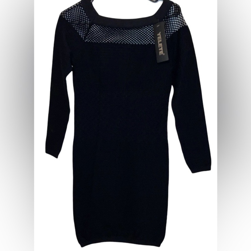 New Tags Midi Bodycon Stetchy Netted Neckline Yelete Black Dress Women M